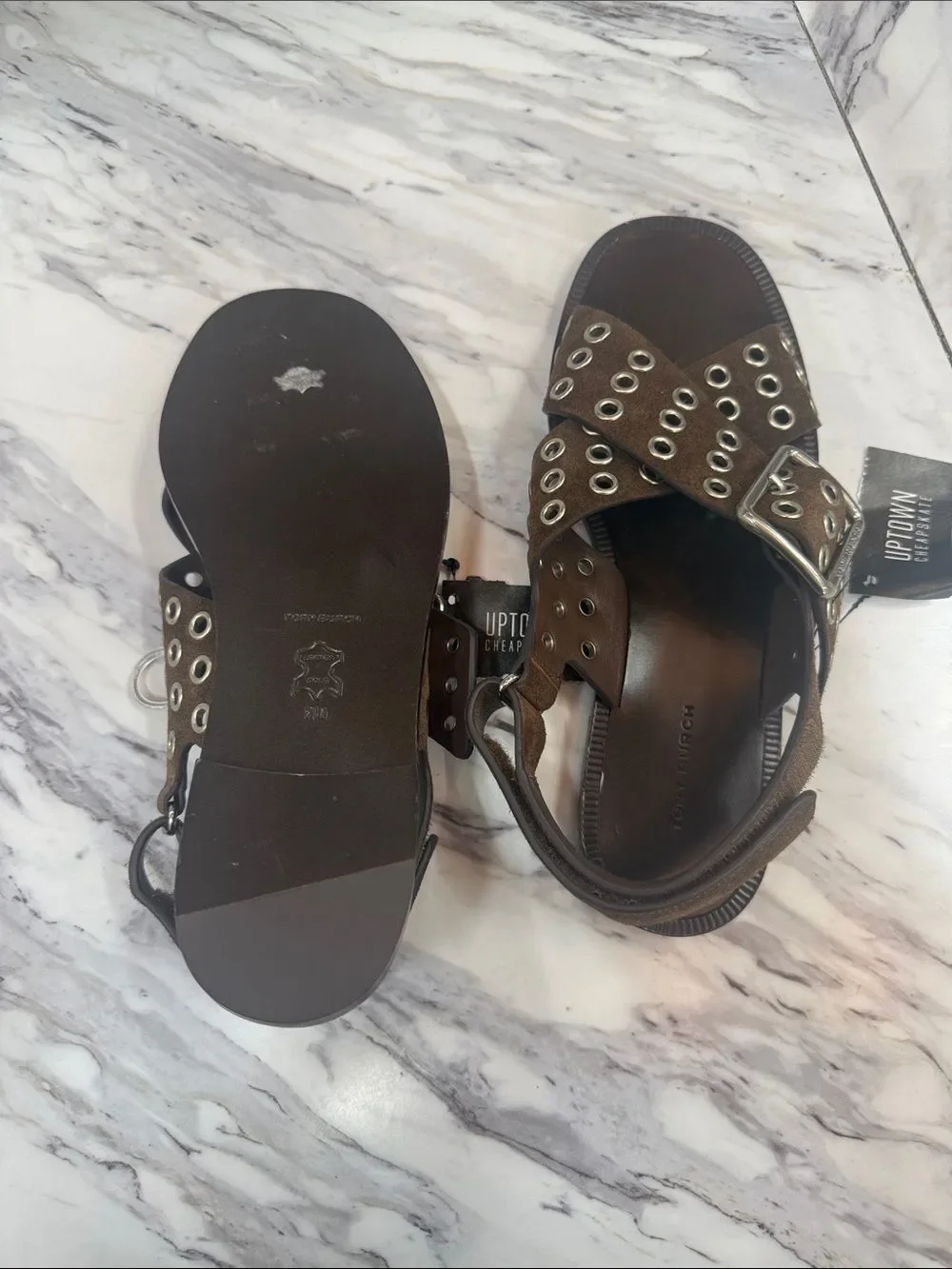 Tory Burch Brown Suede Grommet Cross-Strap Sandals
